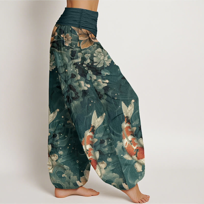 Pantaloni harem da donna con elastico in vita, in puro cotone, con motivo a Buddha Stones koi colorati e fiori di loto.