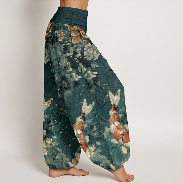Pantaloni harem da donna con elastico in vita, in puro cotone, con motivo a Buddha Stones koi colorati e fiori di loto.