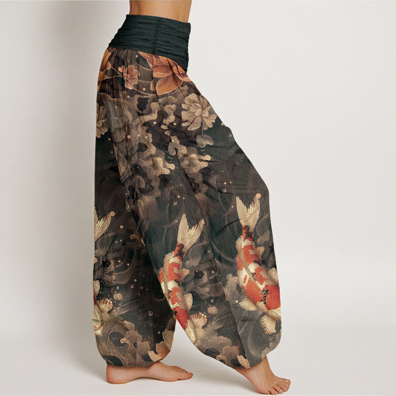 Pantaloni harem da donna con elastico in vita, in puro cotone, con motivo a Buddha Stones koi colorati e fiori di loto.