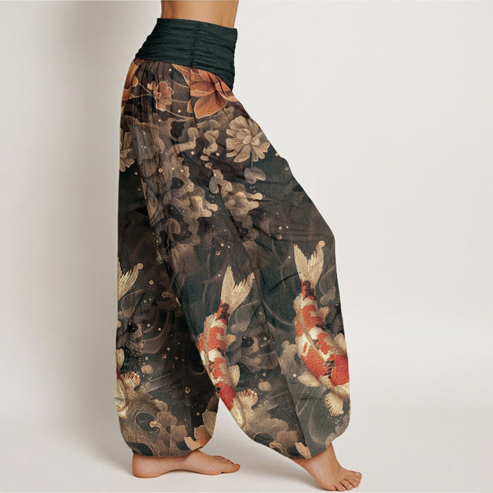 Pantaloni harem da donna con elastico in vita, in puro cotone, con motivo a Buddha Stones koi colorati e fiori di loto.