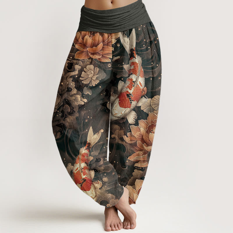 Pantaloni harem da donna con elastico in vita, in puro cotone, con motivo a Buddha Stones koi colorati e fiori di loto.