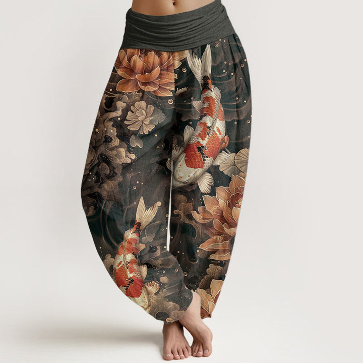 Pantaloni harem da donna con elastico in vita, in puro cotone, con motivo a Buddha Stones koi colorati e fiori di loto.