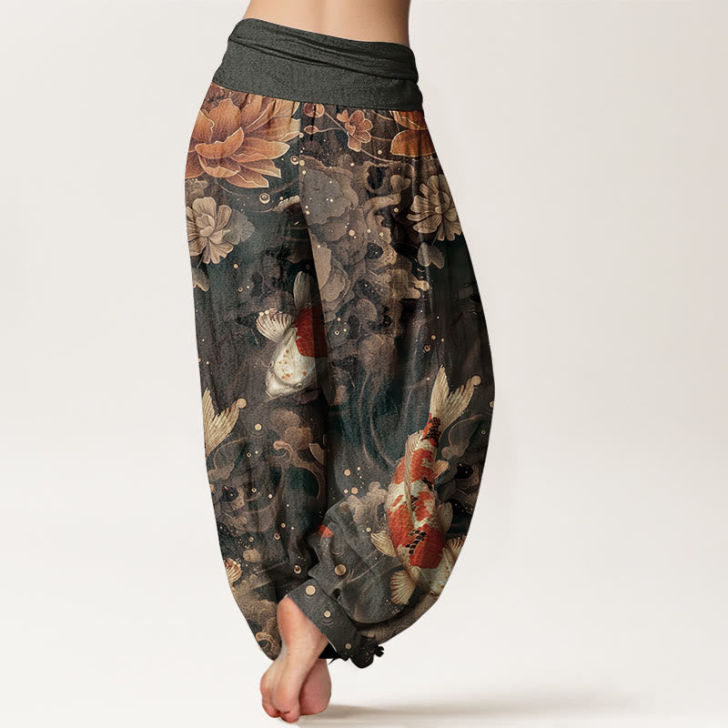 Pantaloni harem da donna con elastico in vita, in puro cotone, con motivo a Buddha Stones koi colorati e fiori di loto.