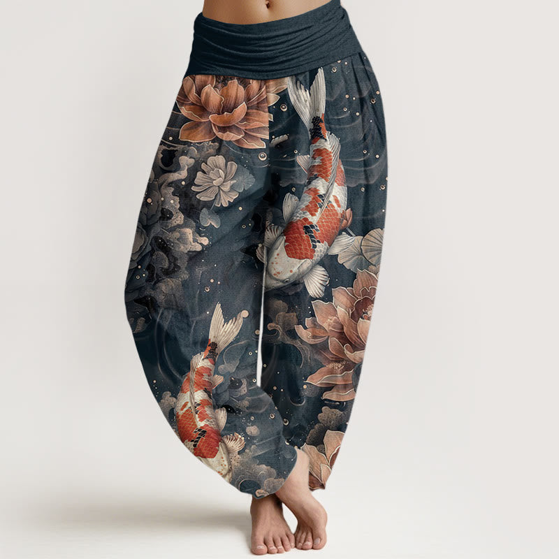 Pantaloni harem da donna con elastico in vita, in puro cotone, con motivo a Buddha Stones koi colorati e fiori di loto.