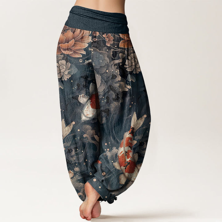 Pantaloni harem da donna con elastico in vita, in puro cotone, con motivo a Buddha Stones koi colorati e fiori di loto. - image 10