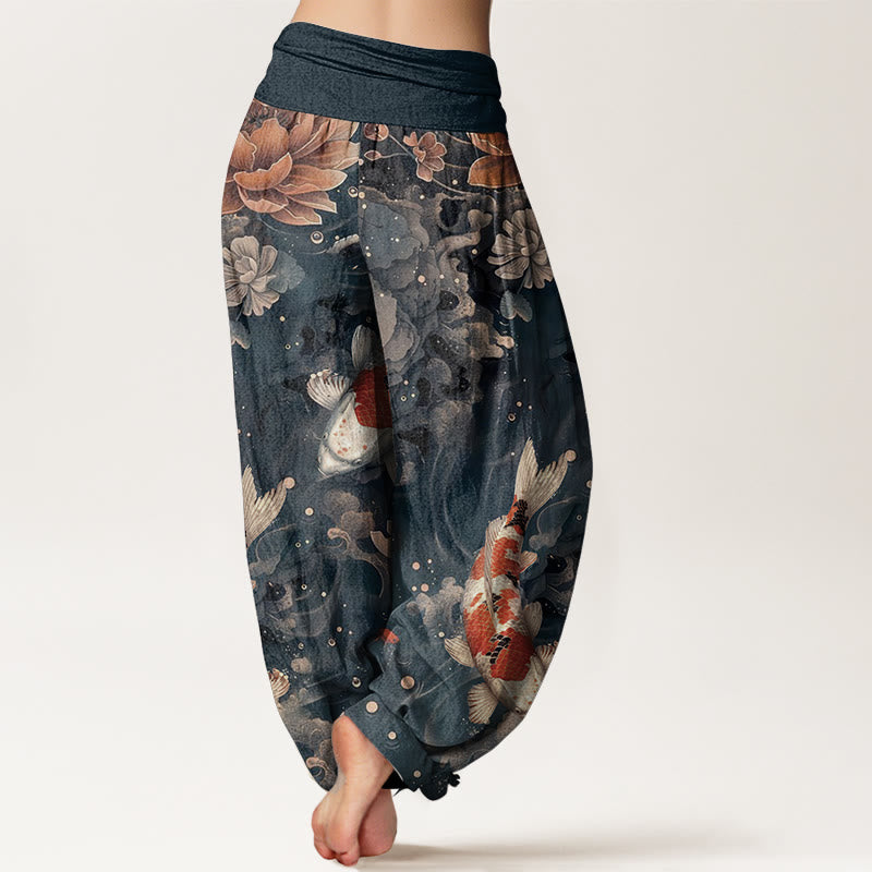 Pantaloni harem da donna con elastico in vita, in puro cotone, con motivo a Buddha Stones koi colorati e fiori di loto.