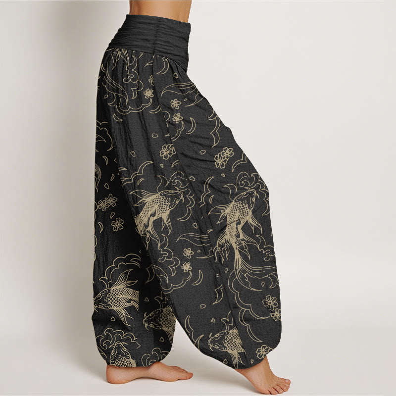Pantaloni harem da donna in puro cotone con elastico in vita, motivo a onde e petali, motivo a pesci koi, Buddha Stones
