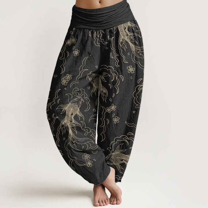 Pantaloni harem da donna in puro cotone con elastico in vita, motivo a onde e petali, motivo a pesci koi, Buddha Stones
