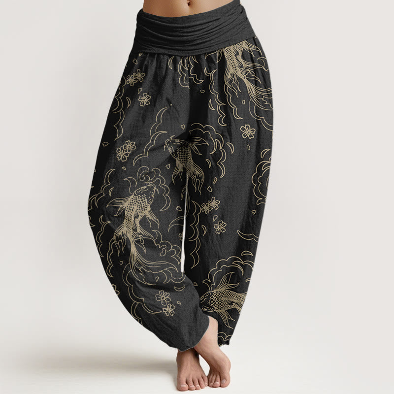 Pantaloni harem da donna in puro cotone con elastico in vita, motivo a onde e petali, motivo a pesci koi, Buddha Stones - Nero - US22, UK/AU26, EU54 (6XL) - image 0