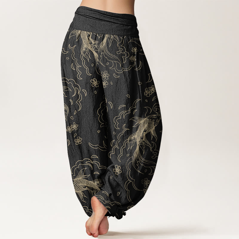 Pantaloni harem da donna in puro cotone con elastico in vita, motivo a onde e petali, motivo a pesci koi, Buddha Stones