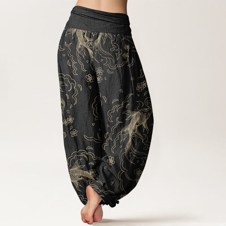 Pantaloni harem da donna in puro cotone con elastico in vita, motivo a onde e petali, motivo a pesci koi, Buddha Stones