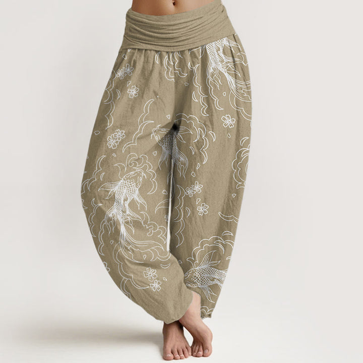 Pantaloni harem da donna in puro cotone con elastico in vita, motivo a onde e petali, motivo a pesci koi, Buddha Stones