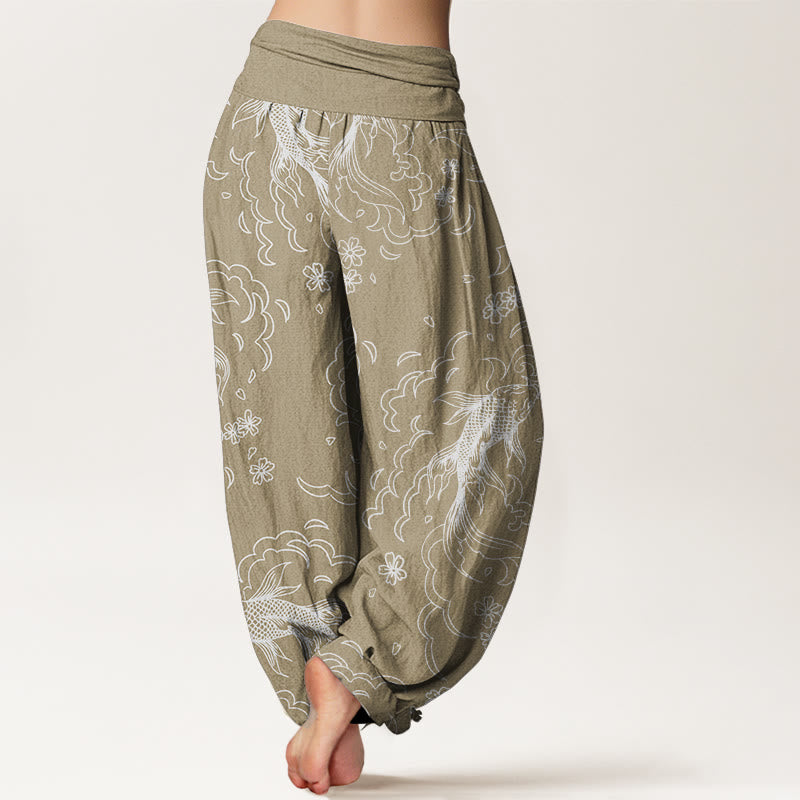Pantaloni harem da donna in puro cotone con elastico in vita, motivo a onde e petali, motivo a pesci koi, Buddha Stones