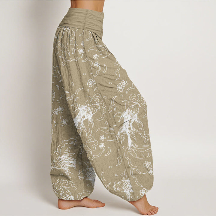 Pantaloni harem da donna in puro cotone con elastico in vita, motivo a onde e petali, motivo a pesci koi, Buddha Stones