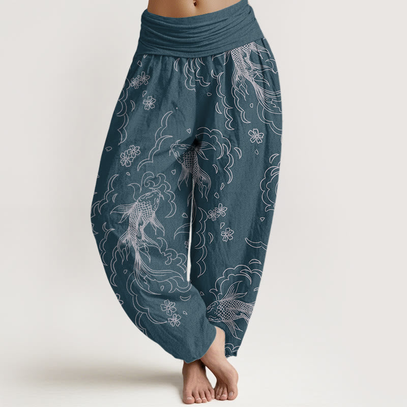 Pantaloni harem da donna in puro cotone con elastico in vita, motivo a onde e petali, motivo a pesci koi, Buddha Stones