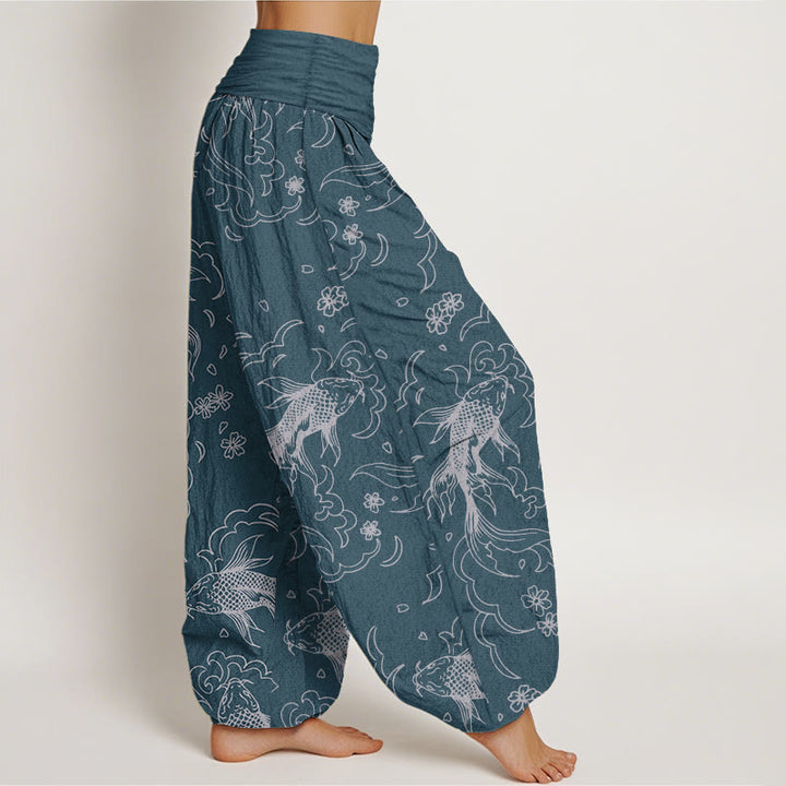 Pantaloni harem da donna in puro cotone con elastico in vita, motivo a onde e petali, motivo a pesci koi, Buddha Stones