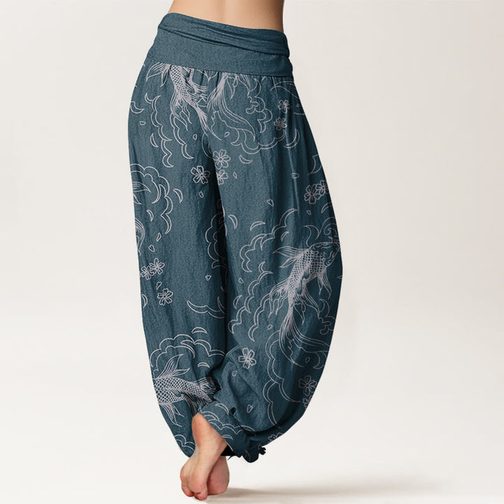Pantaloni harem da donna in puro cotone con elastico in vita, motivo a onde e petali, motivo a pesci koi, Buddha Stones