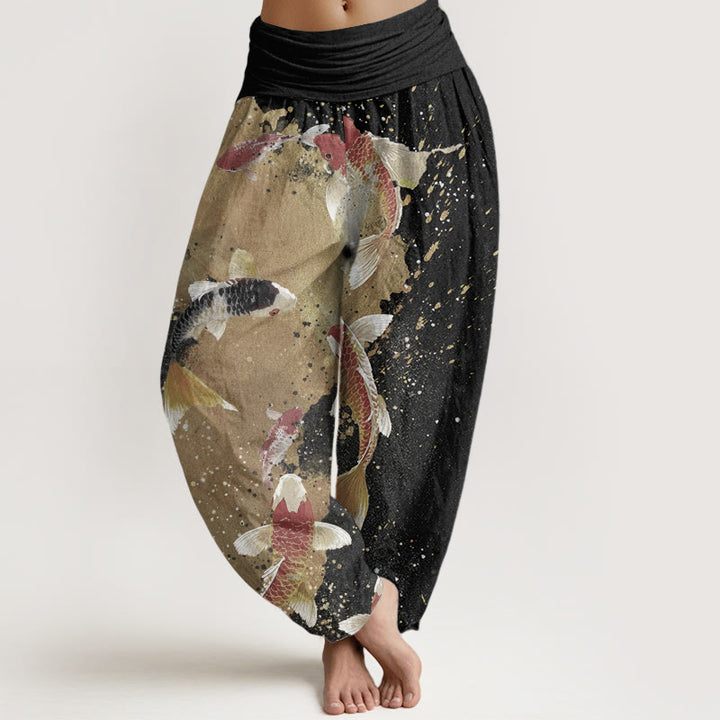 Pantaloni harem da donna con elastico in vita, in puro cotone, casual, con motivo a pesce koi e inchiostro dorato, motivo Buddha Stones
