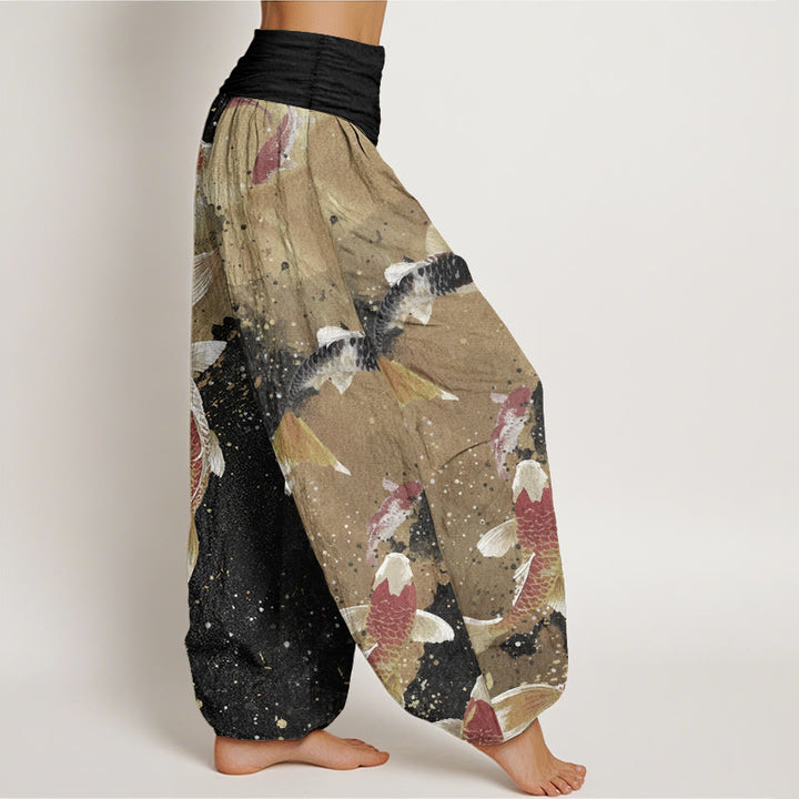 Pantaloni harem da donna con elastico in vita, in puro cotone, casual, con motivo a pesce koi e inchiostro dorato, motivo Buddha Stones