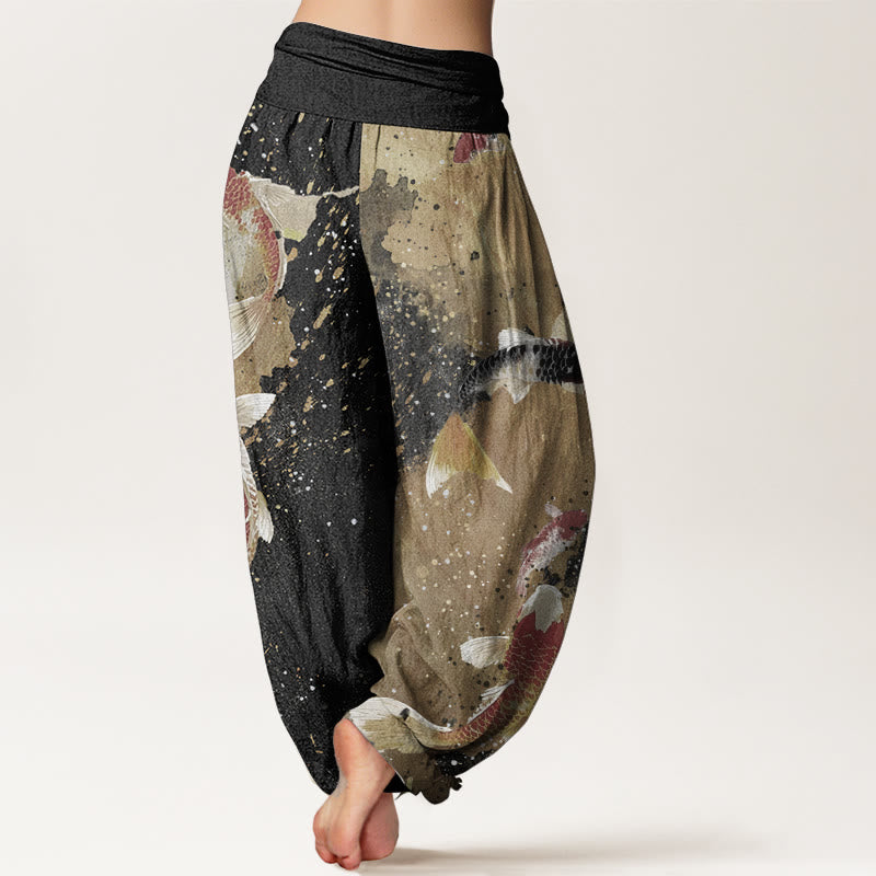 Pantaloni harem da donna con elastico in vita, in puro cotone, casual, con motivo a pesce koi e inchiostro dorato, motivo Buddha Stones