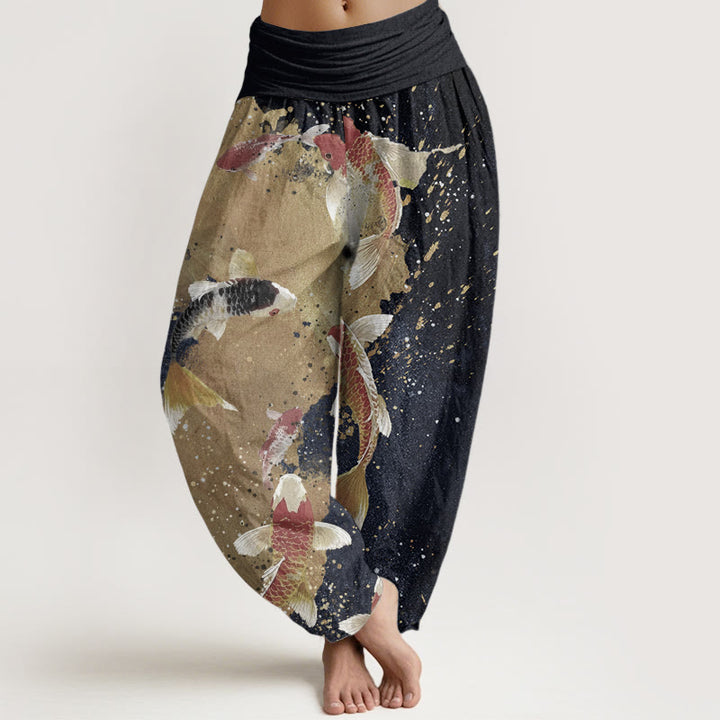 Pantaloni harem da donna con elastico in vita, in puro cotone, casual, con motivo a pesce koi e inchiostro dorato, motivo Buddha Stones
