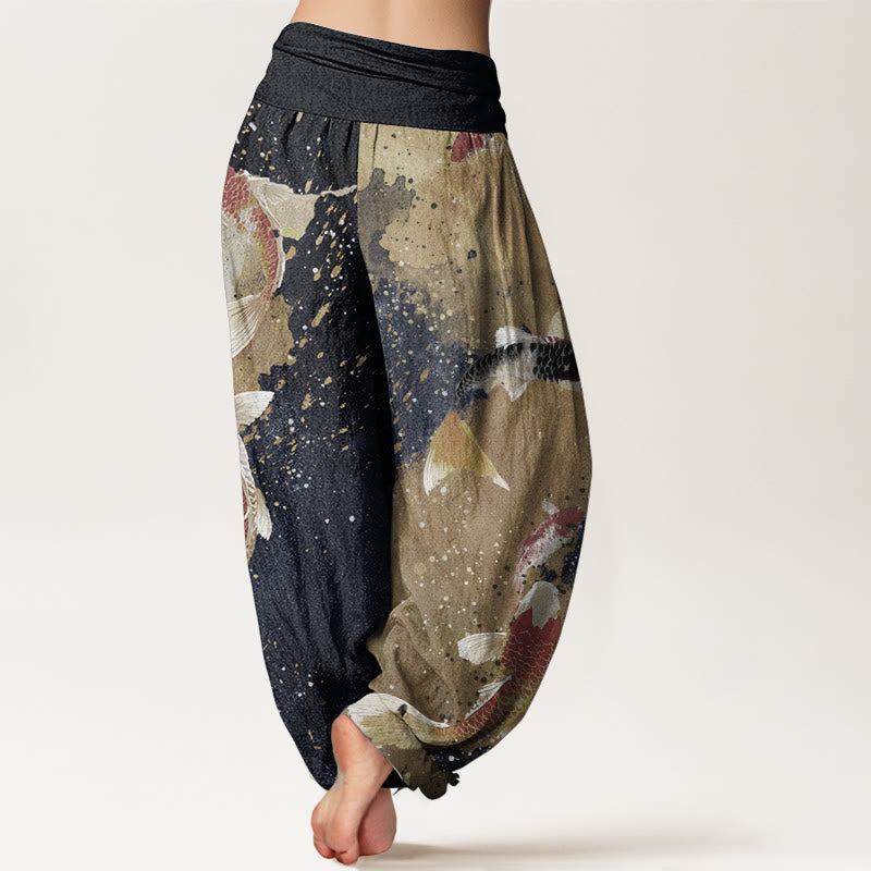 Pantaloni harem da donna con elastico in vita, in puro cotone, casual, con motivo a pesce koi e inchiostro dorato, motivo Buddha Stones