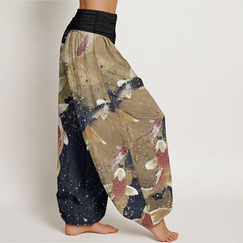 Pantaloni harem da donna con elastico in vita, in puro cotone, casual, con motivo a pesce koi e inchiostro dorato, motivo Buddha Stones