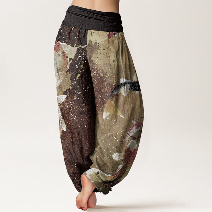 Pantaloni harem da donna con elastico in vita, in puro cotone, casual, con motivo a pesce koi e inchiostro dorato, motivo Buddha Stones