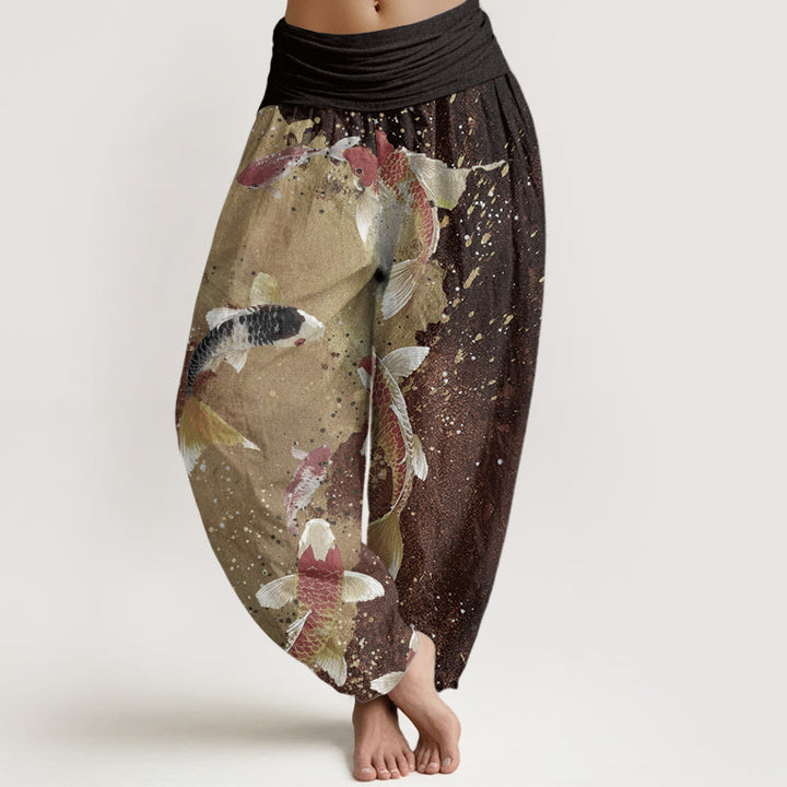 Pantaloni harem da donna con elastico in vita, in puro cotone, casual, con motivo a pesce koi e inchiostro dorato, motivo Buddha Stones