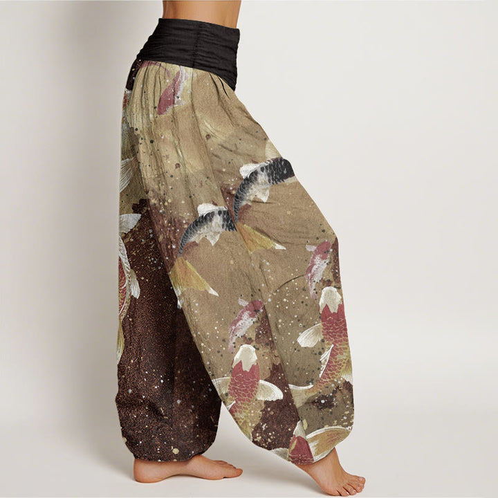 Pantaloni harem da donna con elastico in vita, in puro cotone, casual, con motivo a pesce koi e inchiostro dorato, motivo Buddha Stones