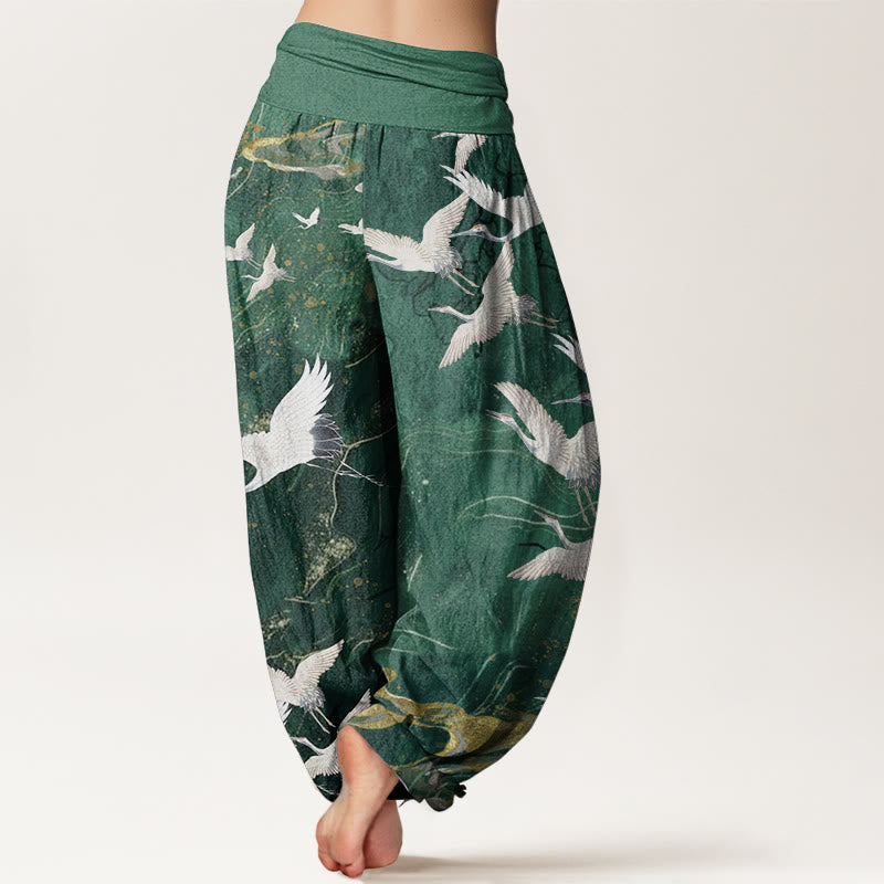 Pantaloni harem da donna in cotone con elastico in vita, motivo: Buddha Stones, gru bianche volanti, nuvole di buon auspicio