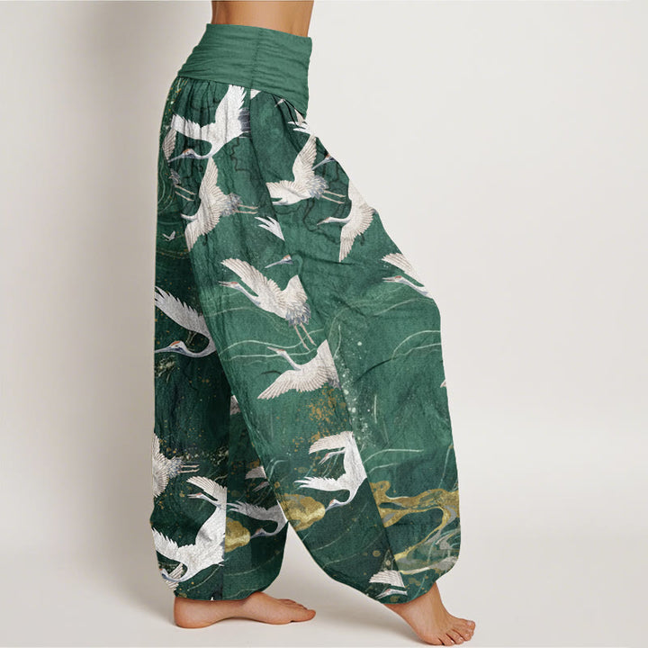 Pantaloni harem da donna in cotone con elastico in vita, motivo: Buddha Stones, gru bianche volanti, nuvole di buon auspicio