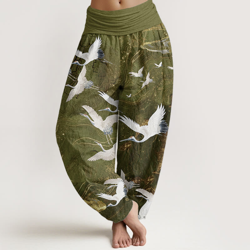 Pantaloni harem da donna in cotone con elastico in vita, motivo: Buddha Stones, gru bianche volanti, nuvole di buon auspicio