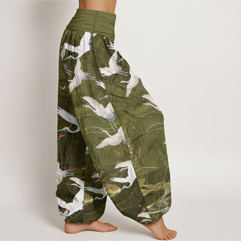 Pantaloni harem da donna in cotone con elastico in vita, motivo: Buddha Stones, gru bianche volanti, nuvole di buon auspicio