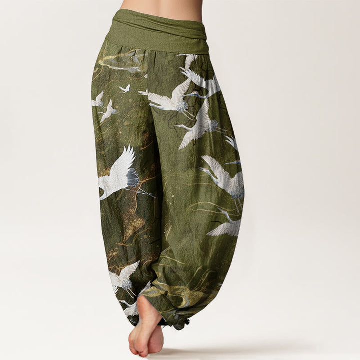 Pantaloni harem da donna in cotone con elastico in vita, motivo: Buddha Stones, gru bianche volanti, nuvole di buon auspicio
