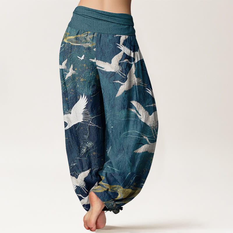 Pantaloni harem da donna in cotone con elastico in vita, motivo: Buddha Stones, gru bianche volanti, nuvole di buon auspicio