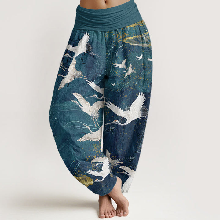 Pantaloni harem da donna in cotone con elastico in vita, motivo: Buddha Stones, gru bianche volanti, nuvole di buon auspicio