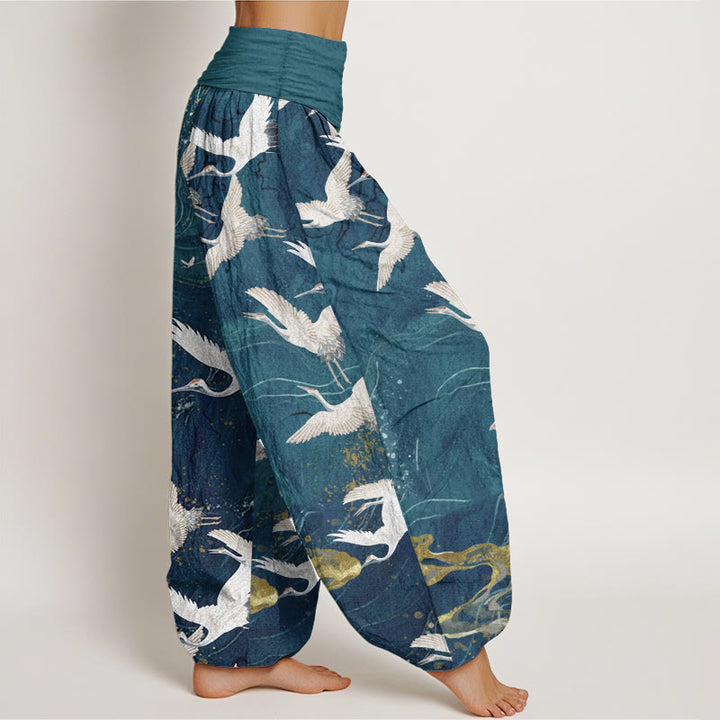 Pantaloni harem da donna in cotone con elastico in vita, motivo: Buddha Stones, gru bianche volanti, nuvole di buon auspicio