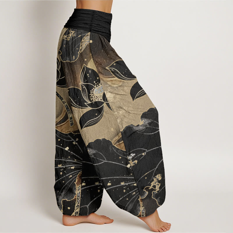 Pantaloni harem da donna con elastico in vita, in puro cotone, modello casual a petalo di loto, Buddha Stones