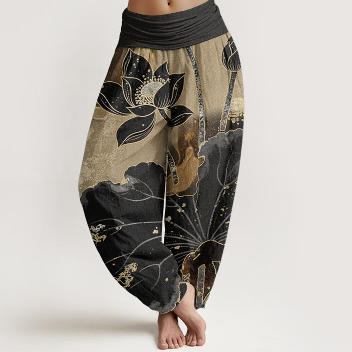 Pantaloni harem da donna con elastico in vita, in puro cotone, modello casual a petalo di loto, Buddha Stones
