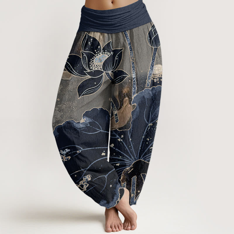 Pantaloni harem da donna con elastico in vita, in puro cotone, modello casual a petalo di loto, Buddha Stones - Marina - US22, UK/AU26, EU54 (6XL) - image 9