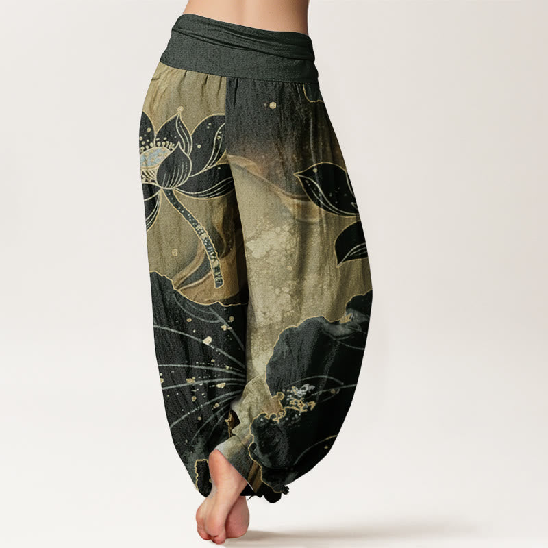 Pantaloni harem da donna con elastico in vita, in puro cotone, modello casual a petalo di loto, Buddha Stones