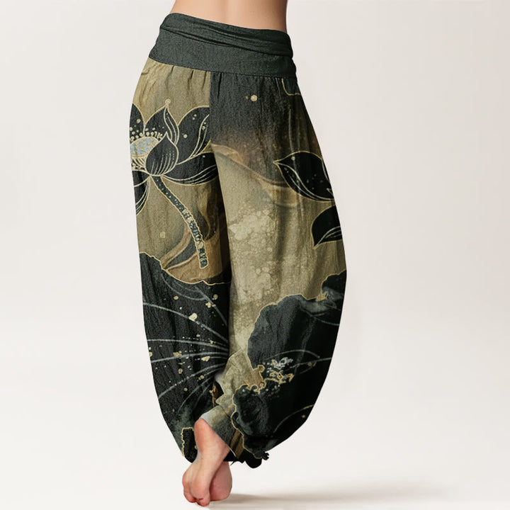 Pantaloni harem da donna con elastico in vita, in puro cotone, modello casual a petalo di loto, Buddha Stones