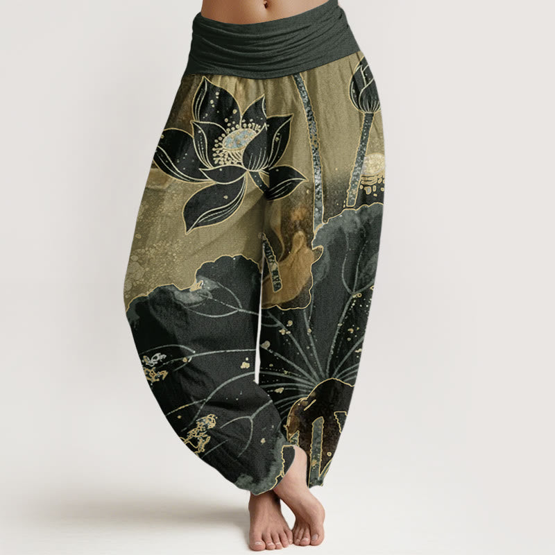 Pantaloni harem da donna con elastico in vita, in puro cotone, modello casual a petalo di loto, Buddha Stones