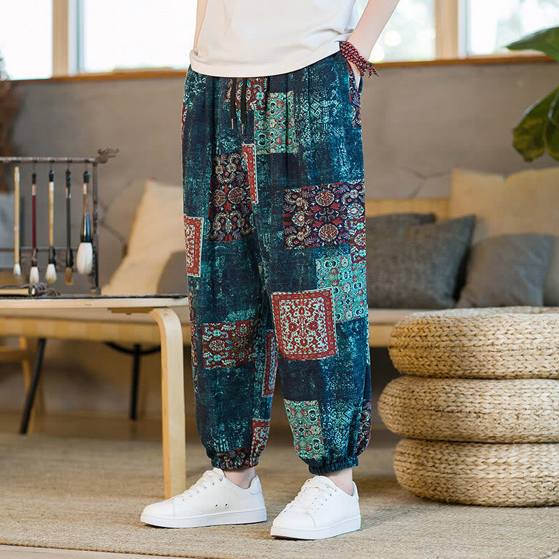 Pantaloni harem da uomo in cotone e lino patchwork con tasche, lunghezza alla caviglia, con motivo Buddha Stones Summer Square