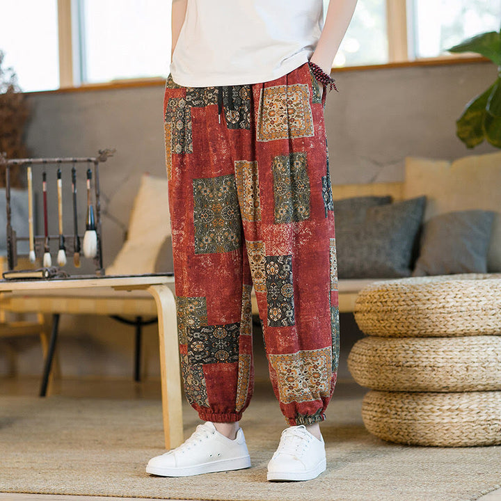 Pantaloni harem da uomo in cotone e lino patchwork con tasche, lunghezza alla caviglia, con motivo Buddha Stones Summer Square