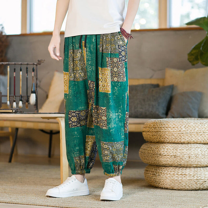 Pantaloni harem da uomo in cotone e lino patchwork con tasche, lunghezza alla caviglia, con motivo Buddha Stones Summer Square