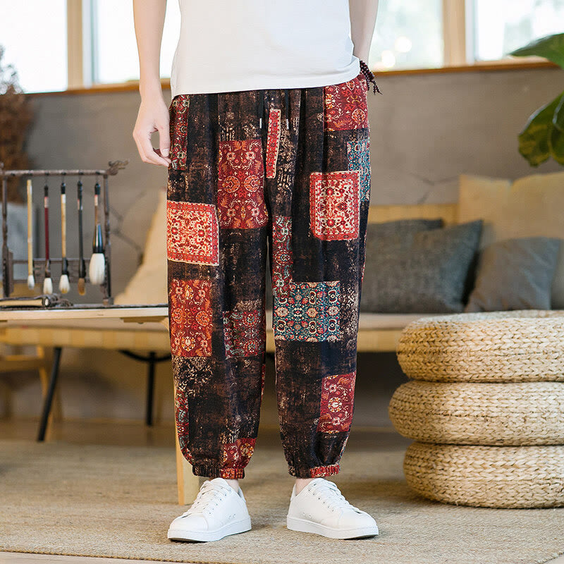Pantaloni harem da uomo in cotone e lino patchwork con tasche, lunghezza alla caviglia, con motivo Buddha Stones Summer Square