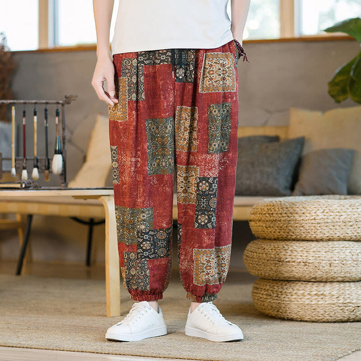 Pantaloni harem da uomo alla caviglia con tasche e motivo patchwork a quadrati Buddha Stones per l'estate. - image 10