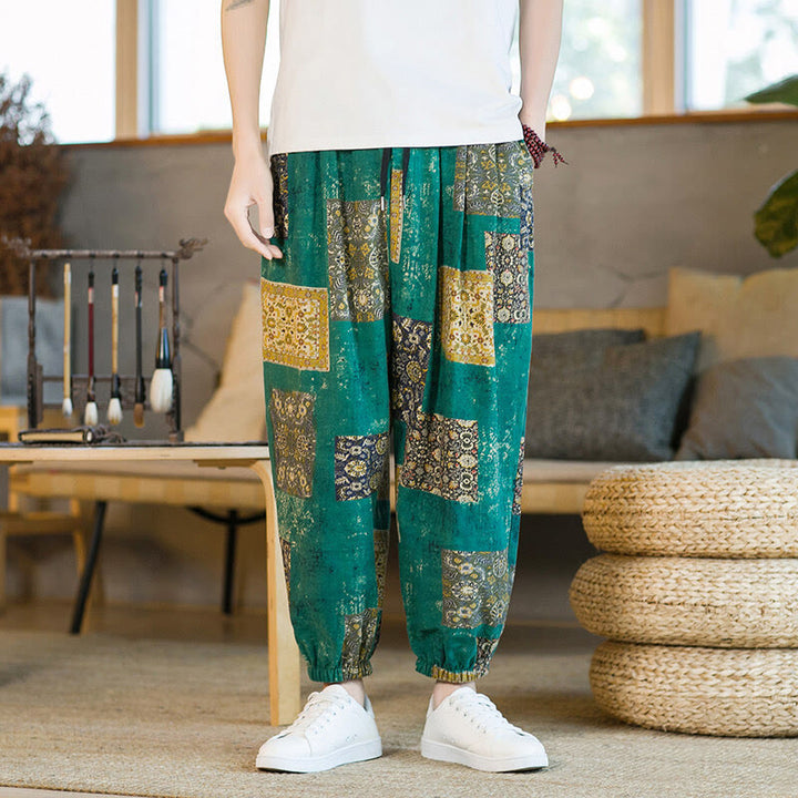 Pantaloni harem da uomo in cotone e lino patchwork con tasche, lunghezza alla caviglia, con motivo Buddha Stones Summer Square